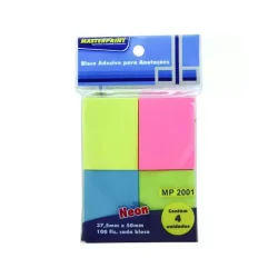 BLOCO ADESIVO ANOTAÇÕES NEON 37,5MMX50MM MASTERPRINT 4x100 FOLHAS — H&H Suprimentos Corporativos