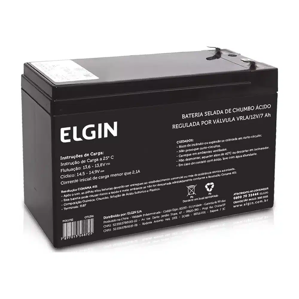 Bateria selada de chumbo Elgin VRLA 12V 7Ah F187