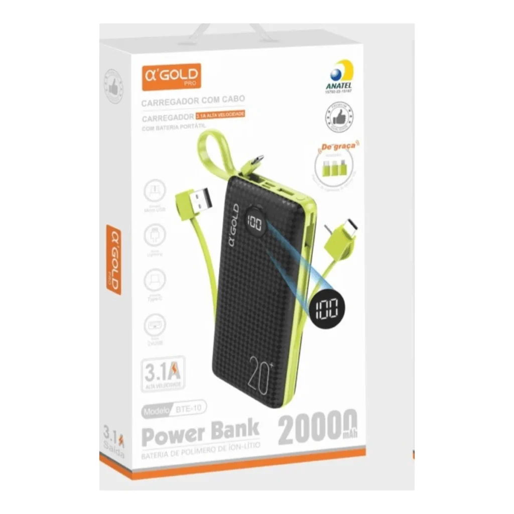 Carregador portátil Power bank 20.000 mah a'gold BTE-10