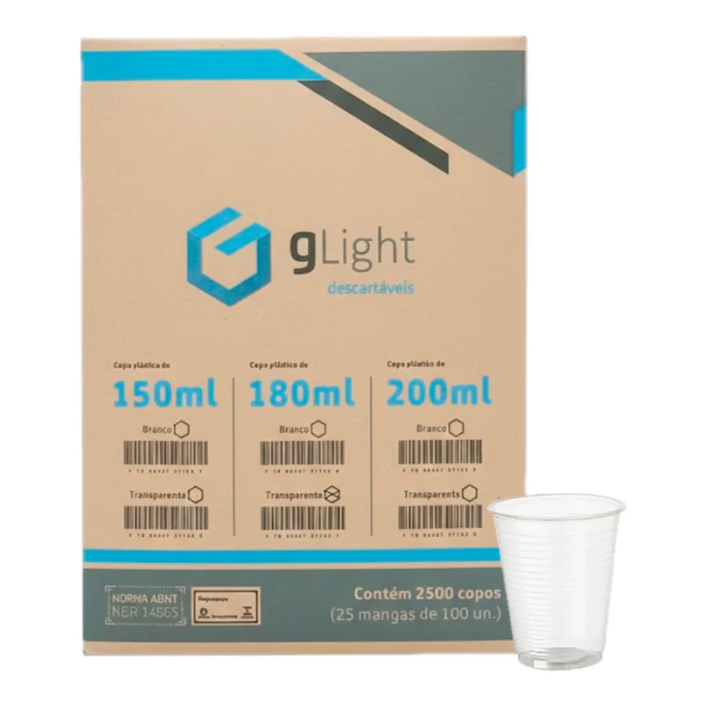 Copo descartável glight 180 ml ps transparente caixa com 2.500