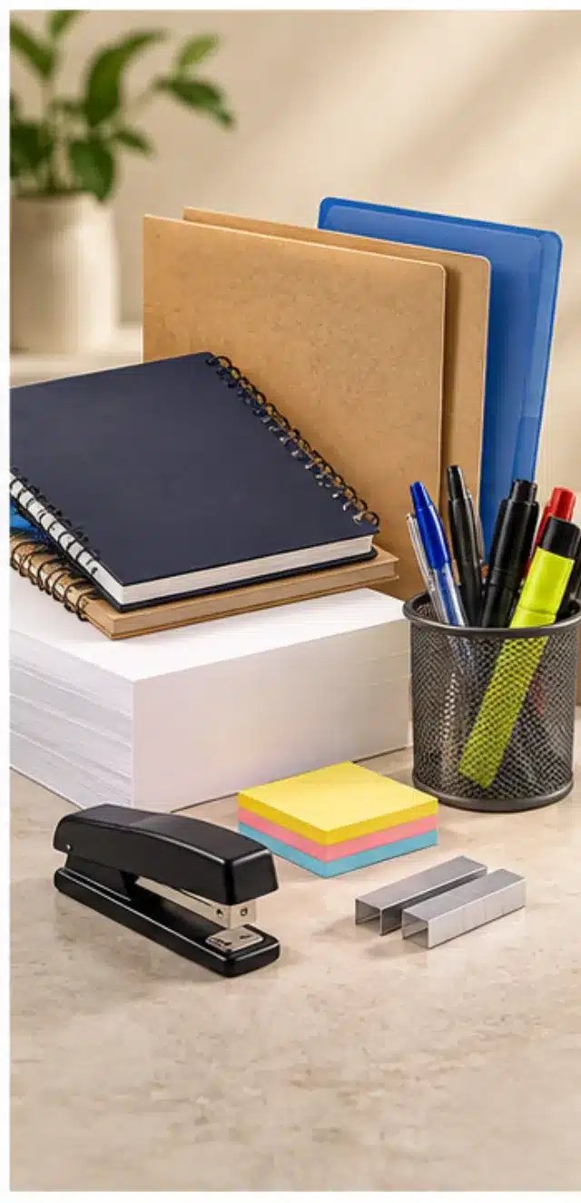 Caderno, canetas e papel