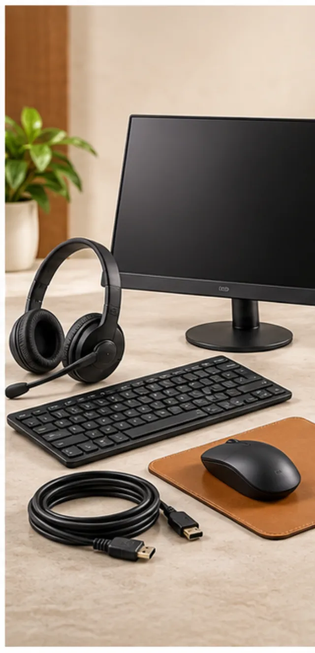 Monitor, teclado e fone