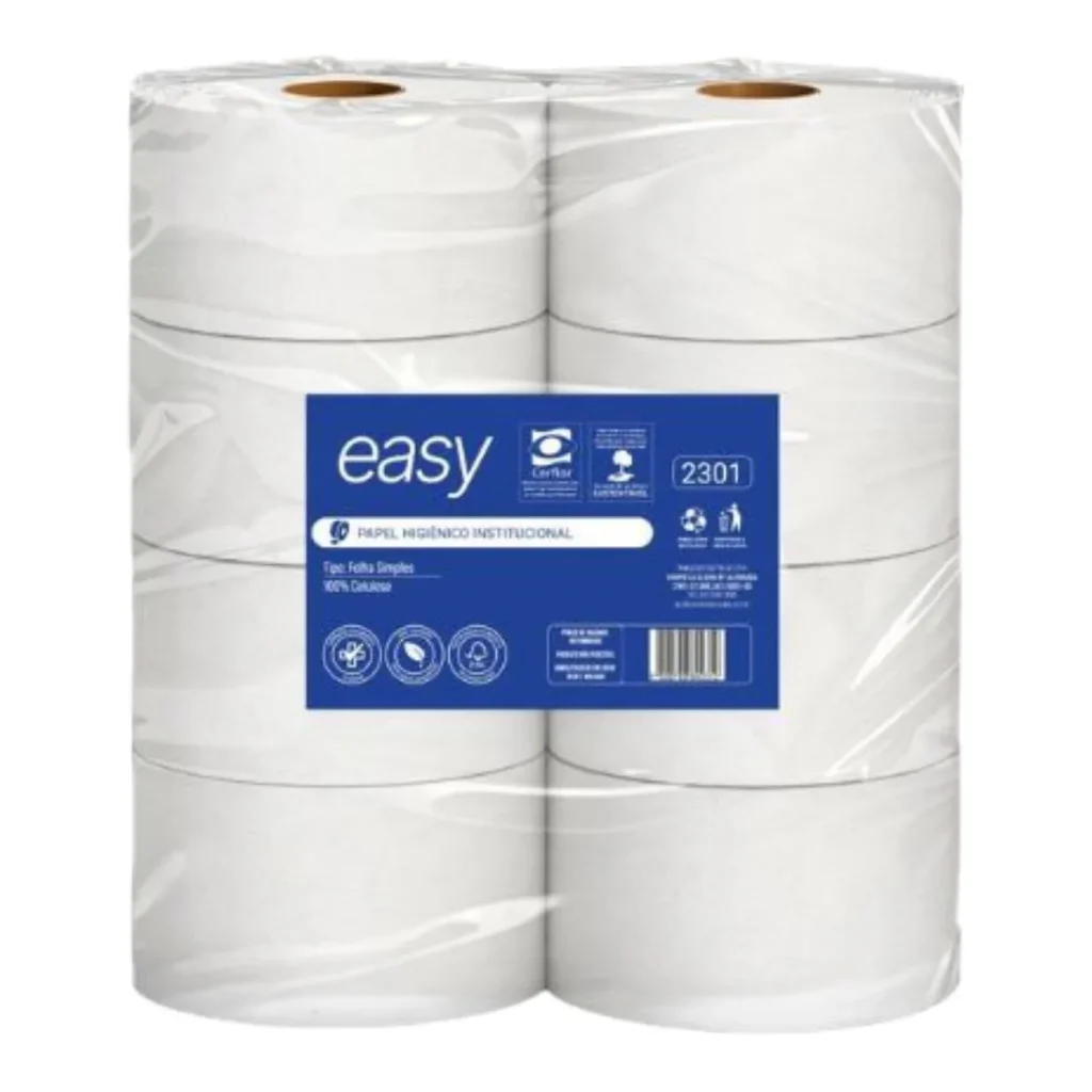 Papel higiênico institucional easy folha simples 100% celulose fardo com 8 ro...