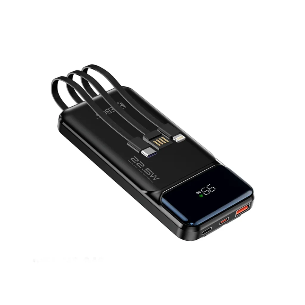 Power bank hrebos PB-202 10.000 mah 22 w cabos type-c e lightning preto