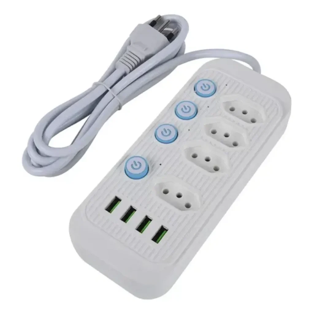 Régua de tomadas com 4 tomadas, interruptores e 4 USB Bivolt